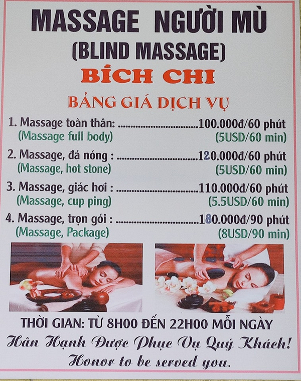 Bảng giá dịch vụ tại Massage người mù Bích Chi